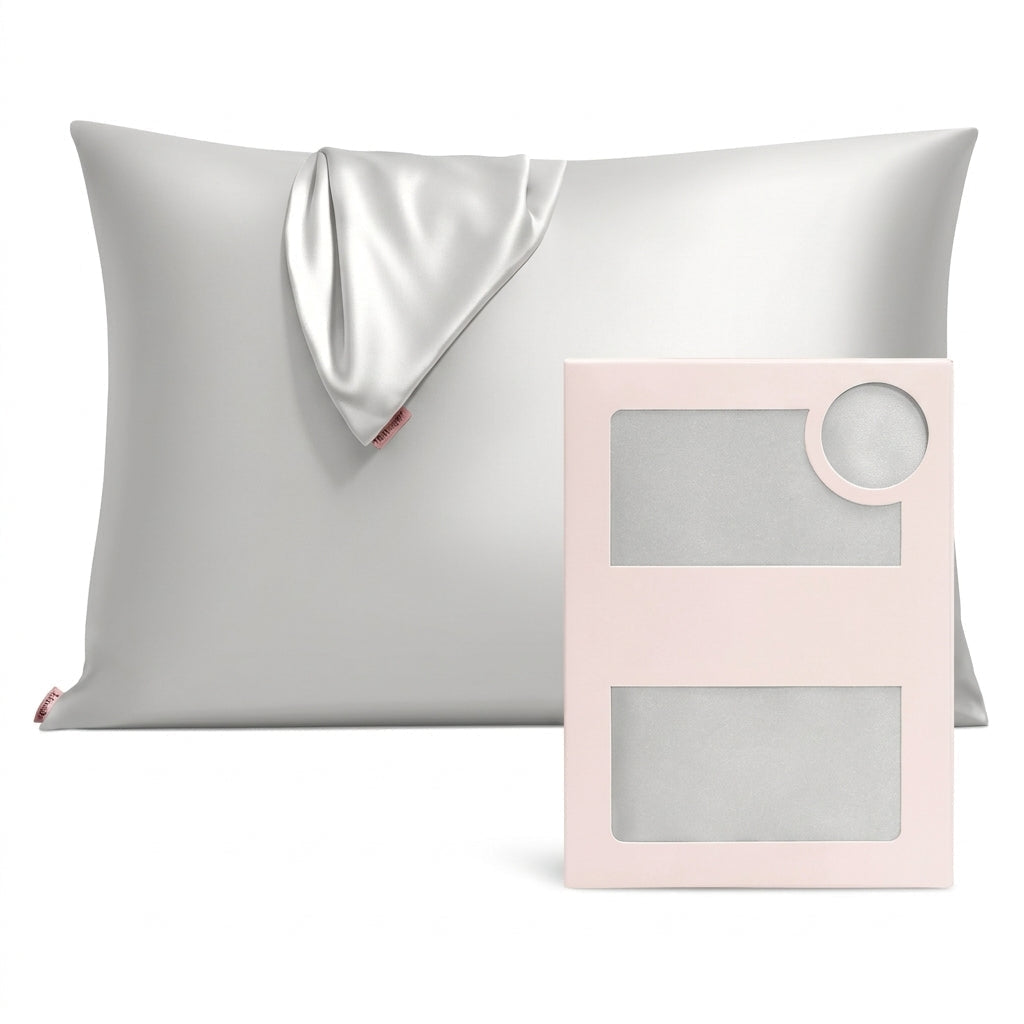 Luminous Radiant Silver Satin Pillowcase with Elegant Draped Detail and Matte Pink Gift Box