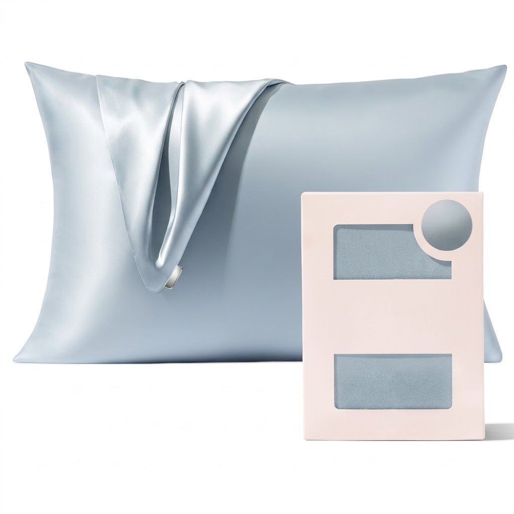 Icy Blue Satin Pillowcase with Elegant Draped Detail and Designer Gift Box