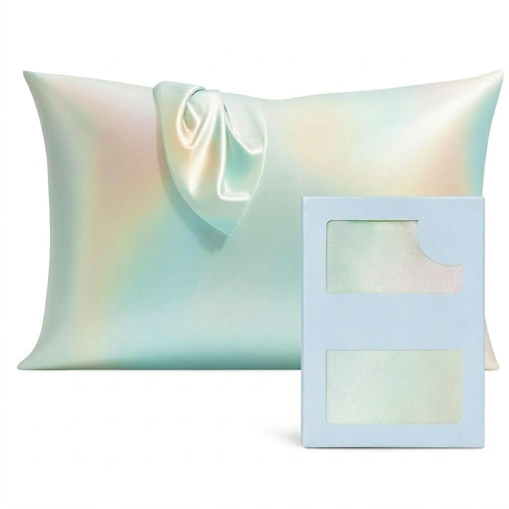 Pearl Iridescent Satin Pillowcase with Scarf Detail and Gift Box