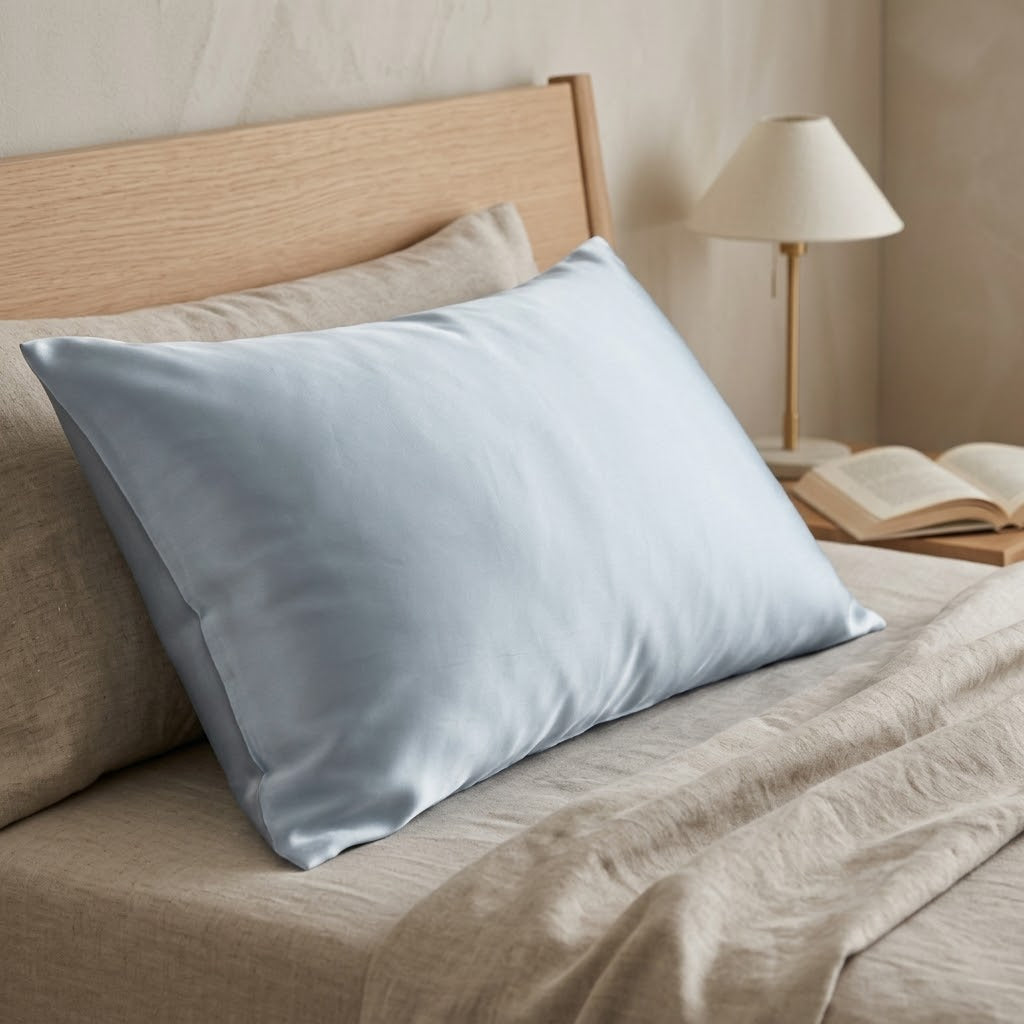 Icy Blue Satin Pillowcase with Elegant Draped Detail and Designer Gift Box