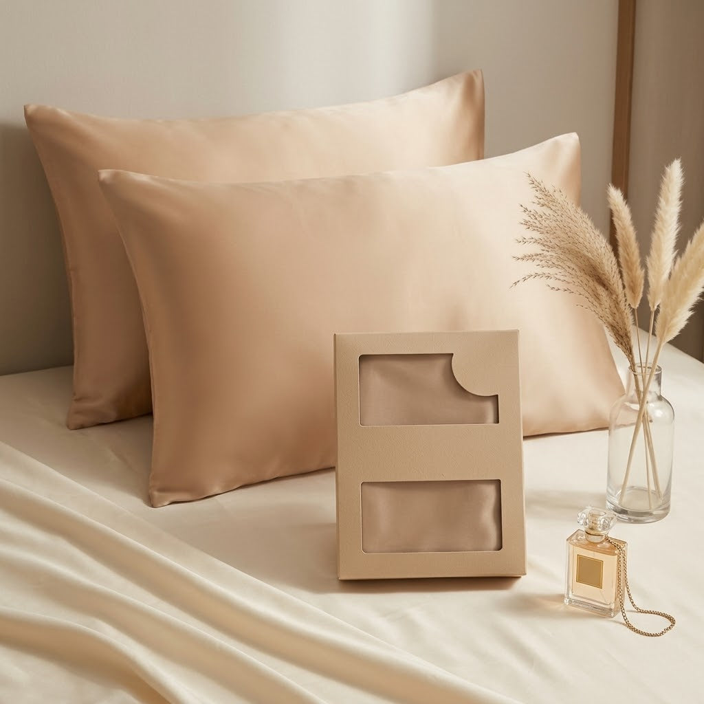 Rose Gold Silk Pillowcase with Unique Necktie Draping Detail